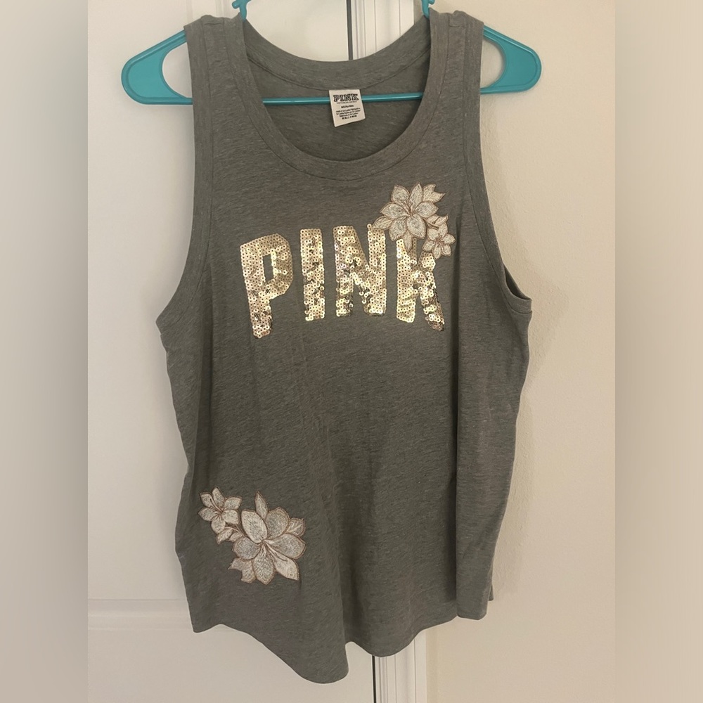 PINK grey tank with sequins and embroidered flowers